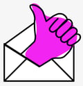 A magenta thumbs up coming out of an envelope. A magenta thumbs up coming out of an envelope.