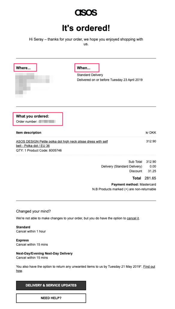 ASOS Order Confirmation Email