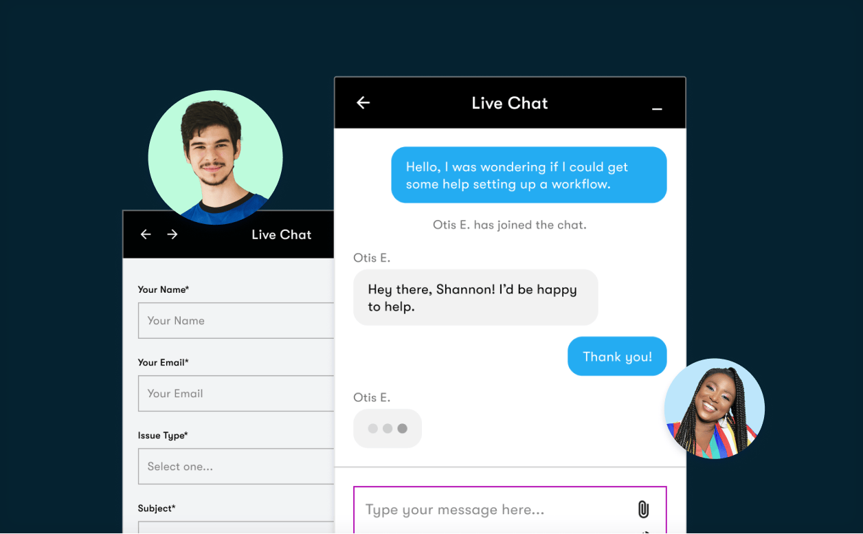 A chat window showing a customer receiving customer support. On both sides of the chat window are a man and woman smiling. A chat window showing a customer receiving customer support. On both sides of the chat window are a man and woman smiling.