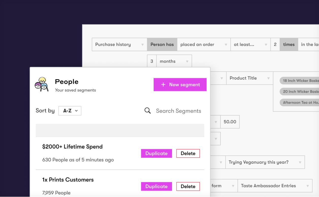 A window showing saved people segments, including “$2000+ Lifetime Spend”, on top of another window showing filters and categories to create a new segment. A window showing saved people segments, including “$2000+ Lifetime Spend”, on top of another window showing filters and categories to create a new segment.